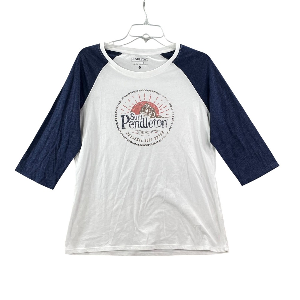 Pendleton Baseball Tee Men Large White Navy Surf Graphic 3/4 Sleeve Raglan Shirt
